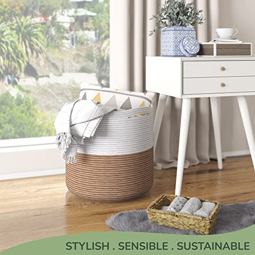 Cotton Basket without Lid White/Beige 15.8x15.8x13.8" - India Wholesale Co.