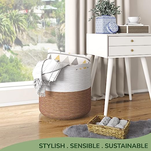 Cotton Basket without Lid White/Beige 15.8x15.8x13.8" - India Wholesale Co.