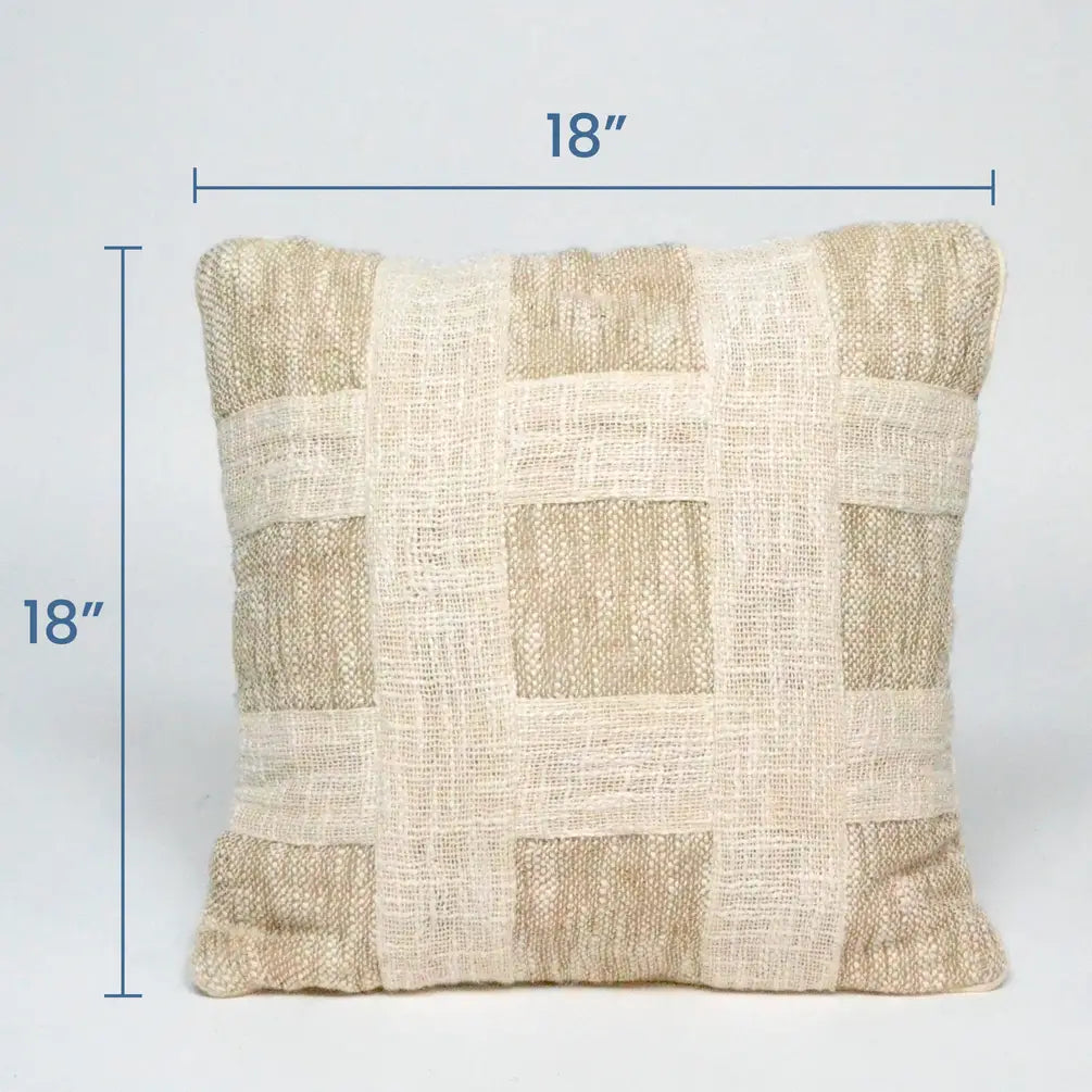 Handloom Broad Checks Cotton & Jute Pillow Cover, 18"x18",White & Natural - India Wholesale Co.