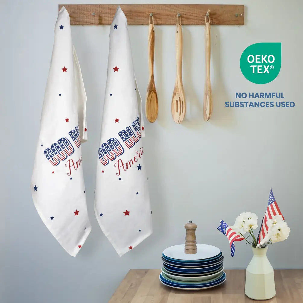 Set of 2 God Bless America Printed Kitchen Towel, 18" x28", 100% cotton, Red & Blue - India Wholesale Co.
