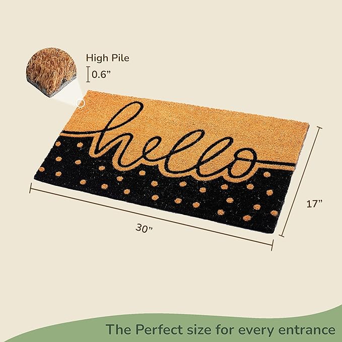Coir Mats Hello with Dots Print - 17X30" - Beige/Black - India Wholesale Co.