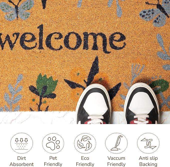 Coir Mats Chelsea Welcome -17"X30" Multi Color (Light Blue, Green & Yellow) - India Wholesale Co.