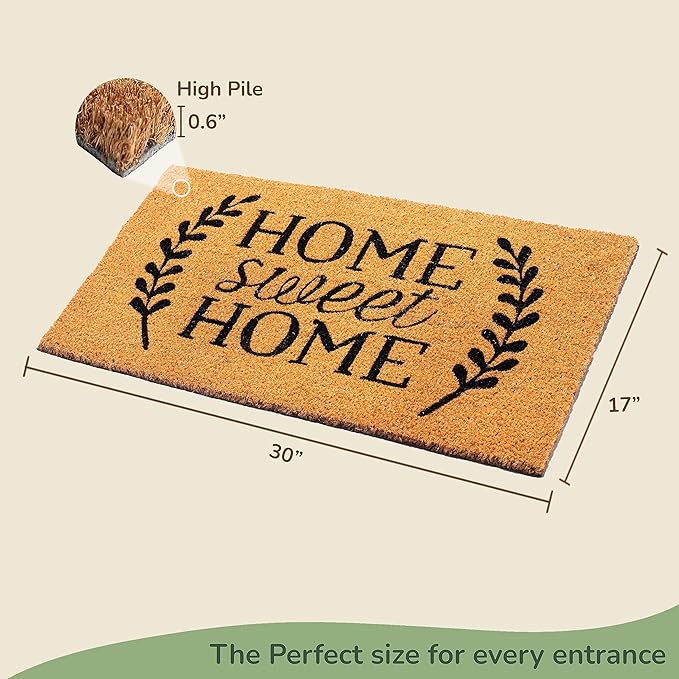 Coir Mats Home Sweet Home with leaves -17X30" - Beige - India Wholesale Co.
