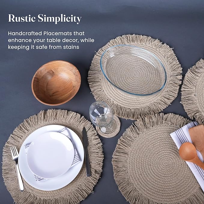 Beige Braided Solid Placemat with fringes-set of 6 (13" + with 2" fringes) +6 Coasters (4")- Recycle Cotton - India Wholesale Co.