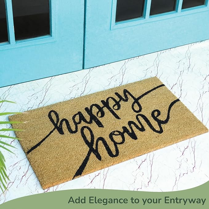 Coir Mats Happy Home Text -17X30" -Beige/Black - India Wholesale Co.