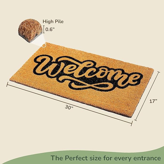 Coir Mats Welcome- 17X30" -Bratsy Script Outline -Beige/Black - India Wholesale Co.