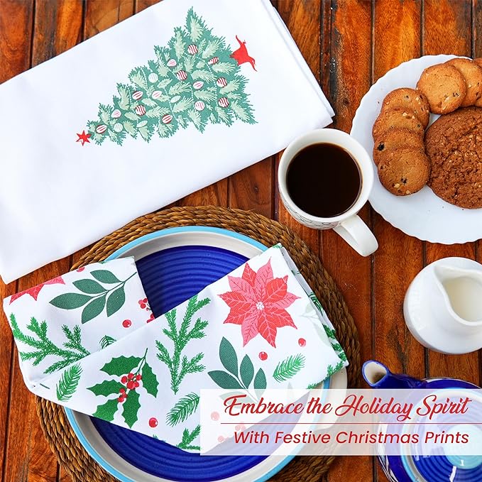 Set of 2 Xmas tree Printed Kitchen Towel 18" x28", 100% Fresh cotton, Olive Green & Red - India Wholesale Co.