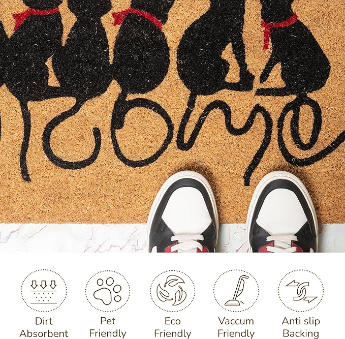 Coir Mats Animals Welcome Cats Print- 17X30" Beige/Black - India Wholesale Co.