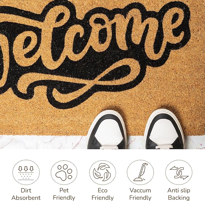 Coir Mats Welcome- 17X30" -Bratsy Script Outline -Beige/Black - India Wholesale Co.