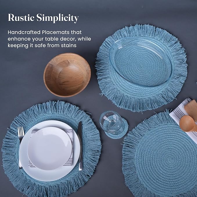 Blue Braided Solid Placemat with fringes set of 4 (13" + with 2" fringes) +4 Coasters (4")- Recycle Cotton - India Wholesale Co.