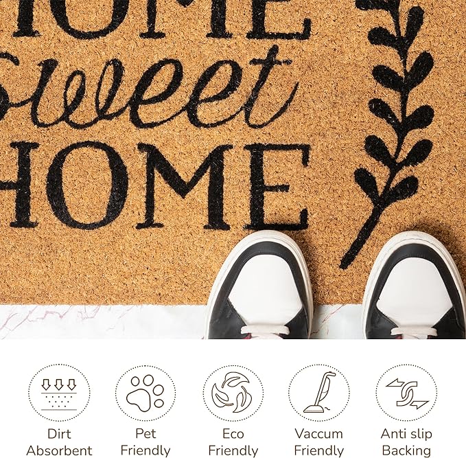 Coir Mats Home Sweet Home with leaves -17X30" - Beige - India Wholesale Co.