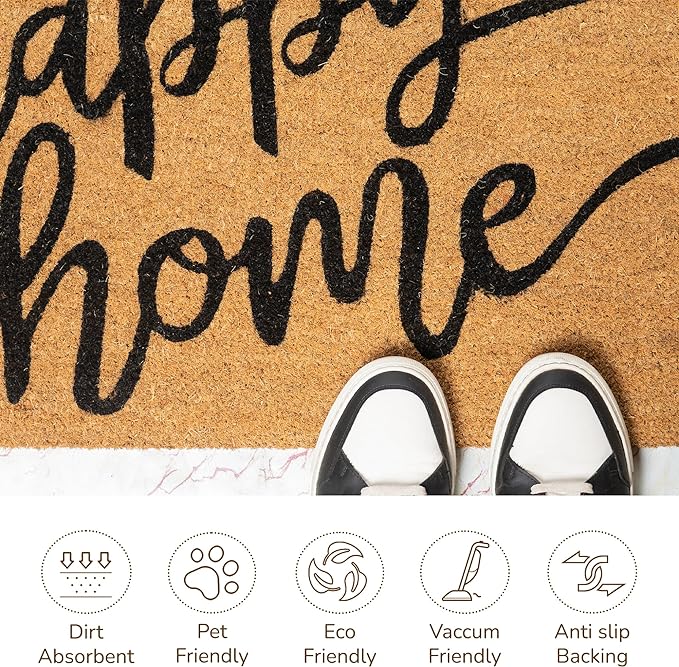 Coir Mats Happy Home Text -17X30" -Beige/Black - India Wholesale Co.