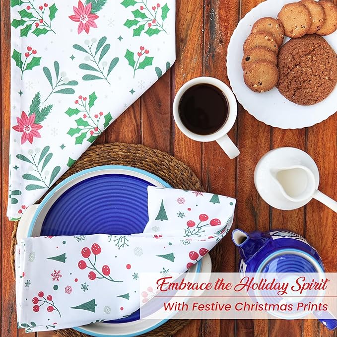 Set of 2 poinsettia flower Printed Kitchen Towel 18" x28", 100% Fresh cotton, Green & White - India Wholesale Co.
