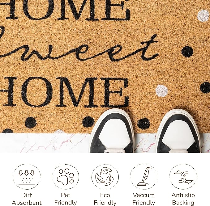 Coir Mats Home Sweet Home Full Text with Polka Dots-17X30" -Beige - India Wholesale Co.