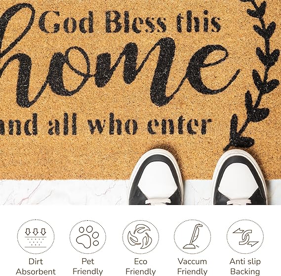 Coir Mats God Bless this Home Print-17X30" -Beige/Black - India Wholesale Co.