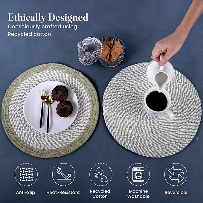 Melange Green & White Braided Placemat set of 6 (3 pcs full melange+3 pcs with solid border) - Recycle Cotton - India Wholesale Co.