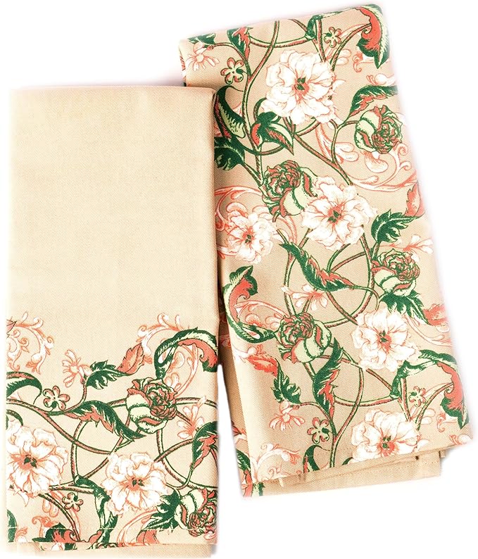 Set of 2 Baroque Ornamental Printed Kitchen Towel 18" x28", 100% Fresh cotton, Floral Beige - India Wholesale Co.