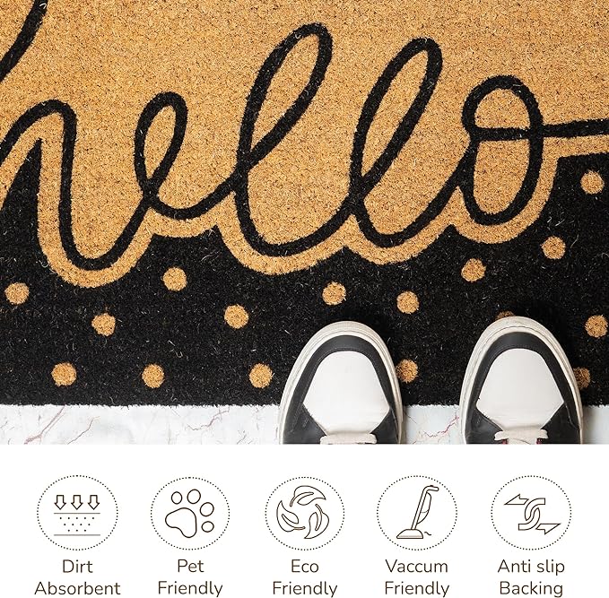 Coir Mats Hello with Dots Print - 17X30" - Beige/Black - India Wholesale Co.