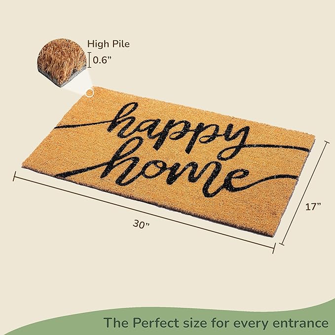 Coir Mats Happy Home Text -17X30" -Beige/Black - India Wholesale Co.