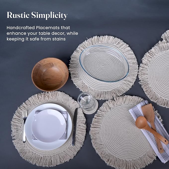Ivory Braided Solid Placemat with fringes set of 4 (13" + with 2" fringes) +4 Coasters (4")- Recycle Cotton - India Wholesale Co.