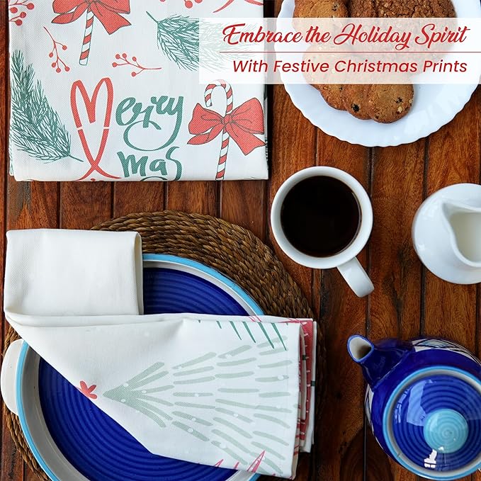 Set of 2 Merry Xmas Printed Kitchen Towel 18" x28", 100% Fresh cotton, Cherry Red & Green - India Wholesale Co.