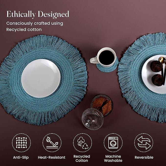 Blue Braided Solid Placemat with fringes set of 6 (13" + with 2" fringes) +6 Coasters (4")- Recycle Cotton - India Wholesale Co.