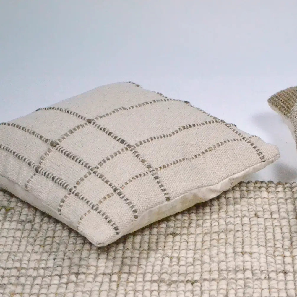 Jute Cotton Fancy check Cotton & Jute Pillow Cover, 18"x18", White - India Wholesale Co.