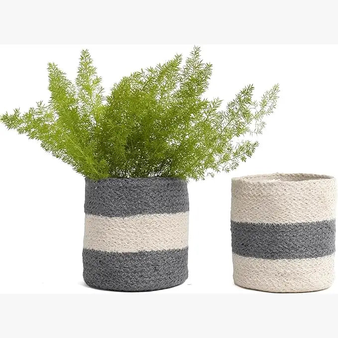 Jute Planter Set of 2, Natural Jute, 6.5x6.5x6, Gray & White - India Wholesale Co.
