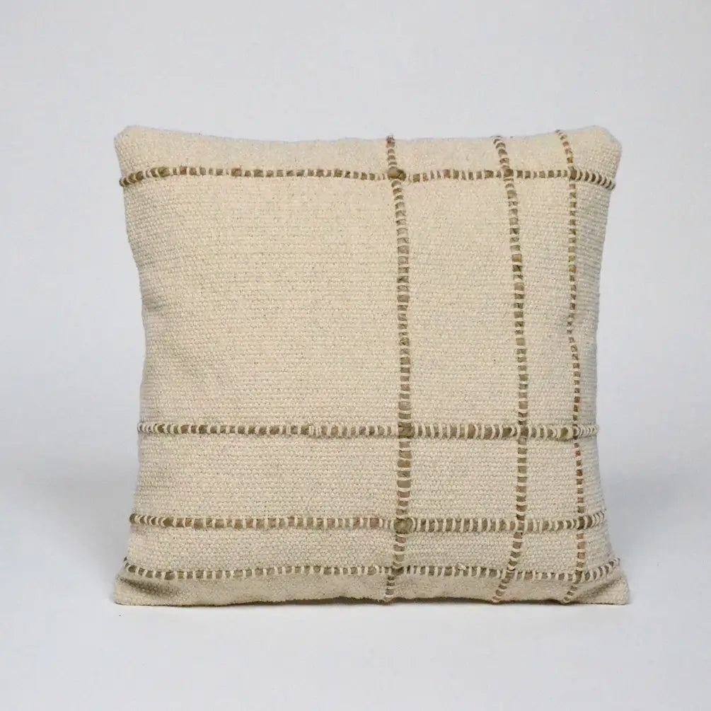 Jute Cotton Fancy check Cotton & Jute Pillow Cover, 18"x18", White - India Wholesale Co.