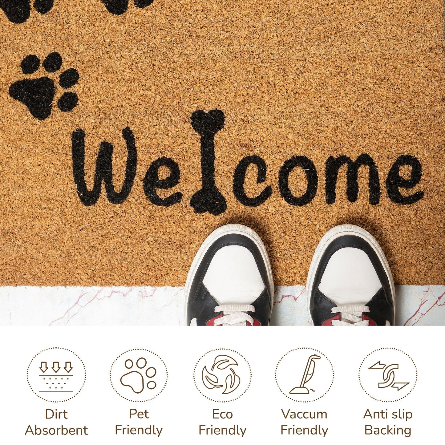Coir Mats Animals Welcome with Paws print 17X30" Beige/Black - India Wholesale Co.