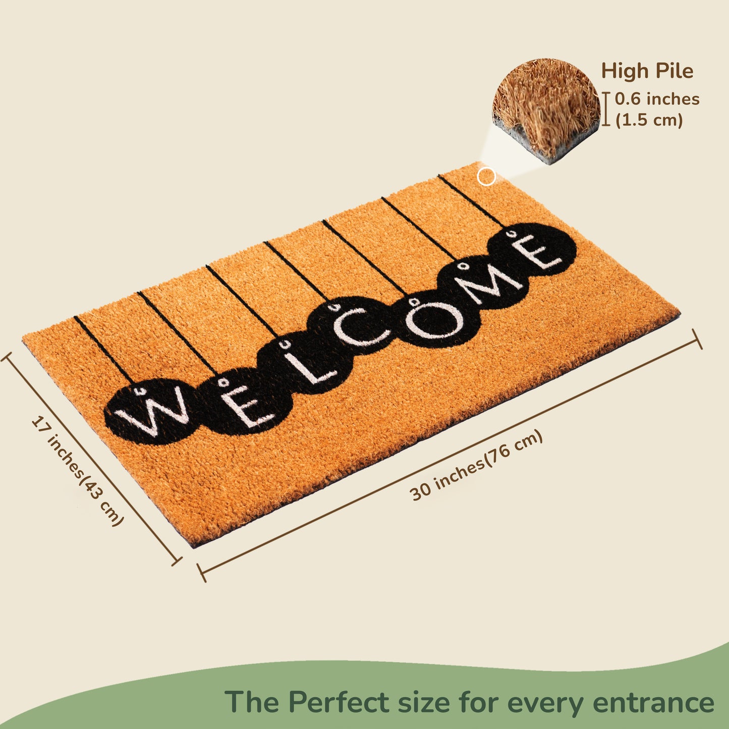Coir Mats Welcome in Circles - 17X30" -Beige/Black - India Wholesale Co.