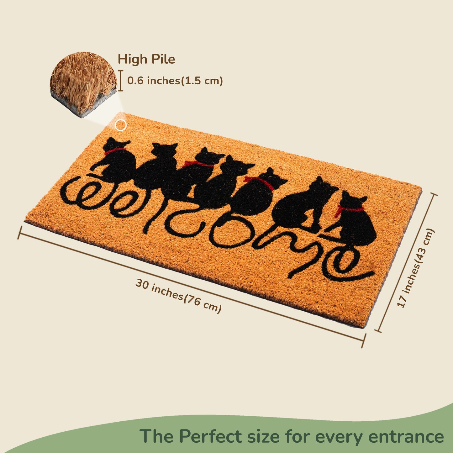 Coir Mats Animals Welcome Cats Print- 17X30" Beige/Black - India Wholesale Co.