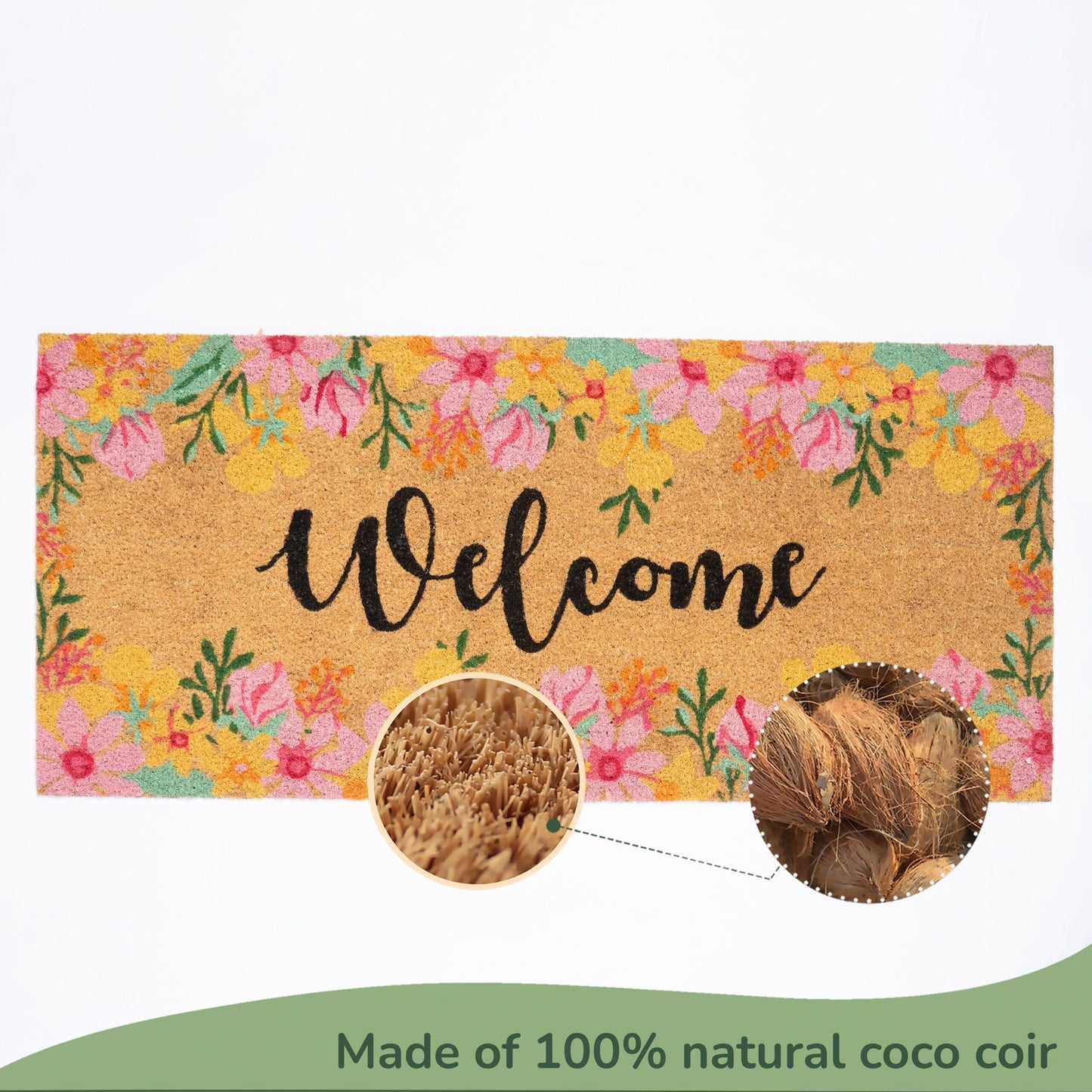 Coir Mats Welcome with Floral Print- 22X47" Multi Color - India Wholesale Co.