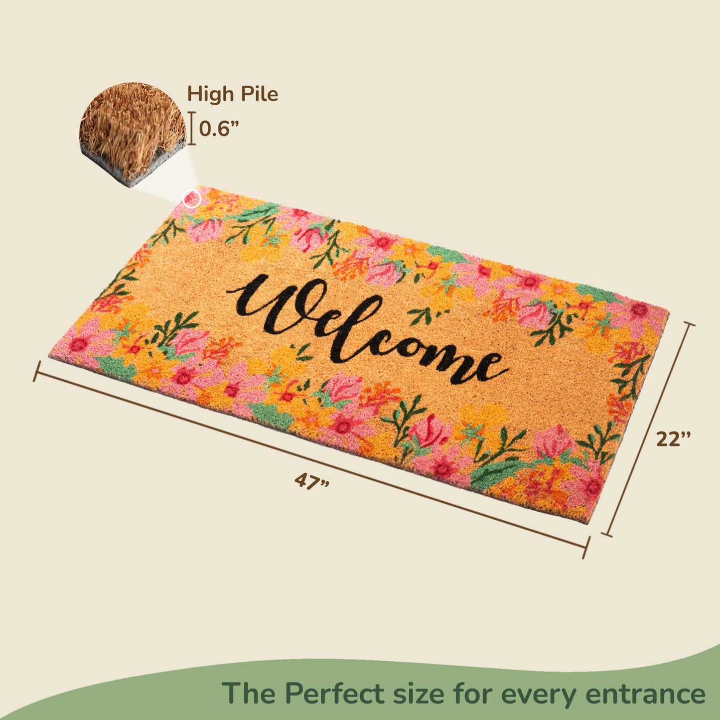 Coir Mats Welcome with Floral Print- 22X47" Multi Color - India Wholesale Co.