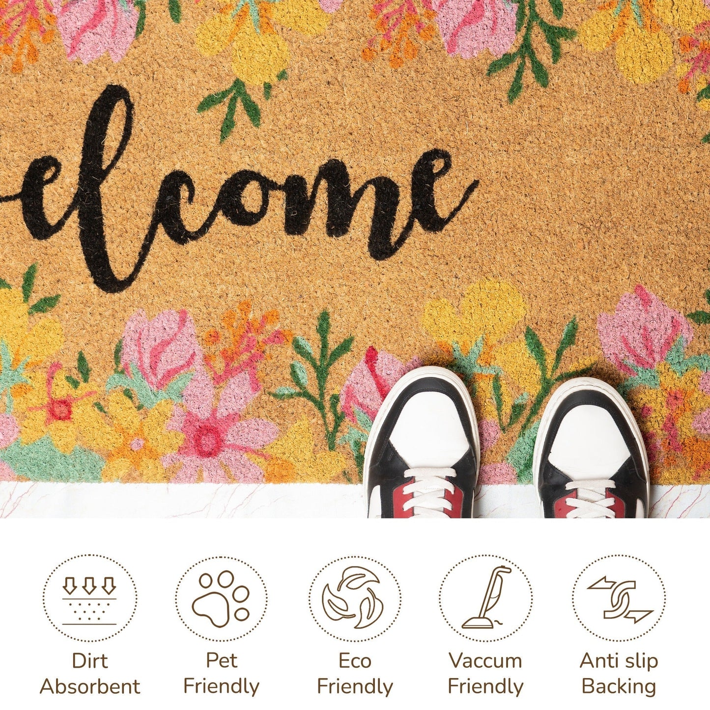 Coir Mats Welcome with Floral Print- 22X47" Multi Color - India Wholesale Co.