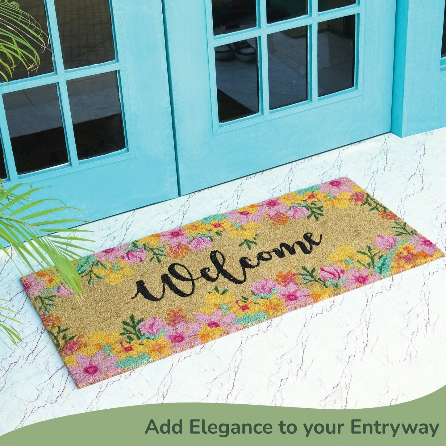 Coir Mats Welcome with Floral Print- 22X47" Multi Color - India Wholesale Co.