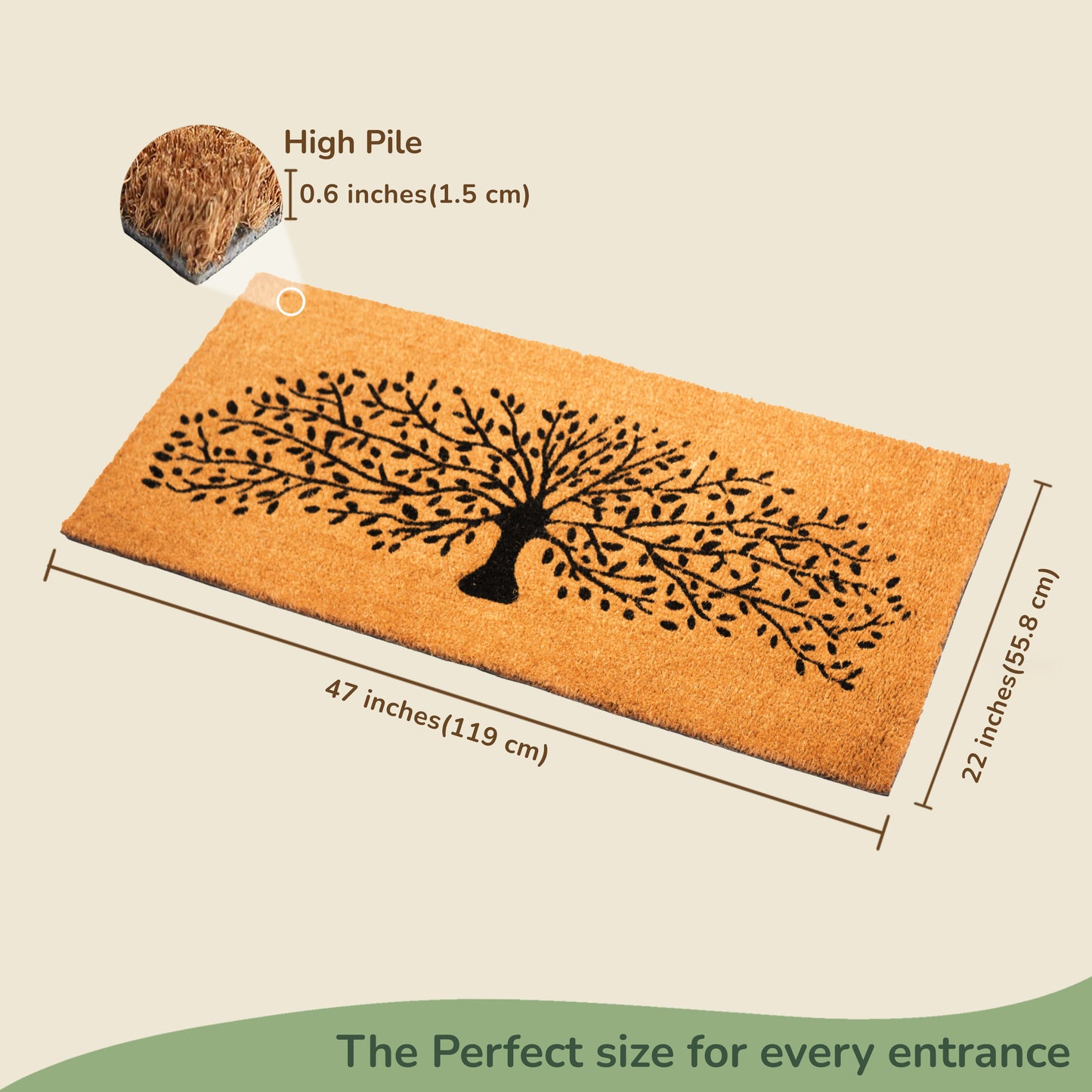 Coir Mats Tree Print - 22X47" Beige - India Wholesale Co.