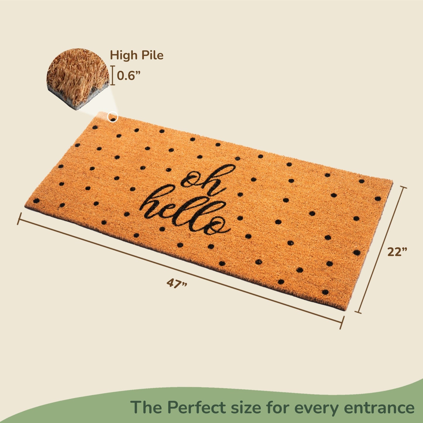 Coir Mats Oh Hello with Dots Text - 22X47" Beige - India Wholesale Co.