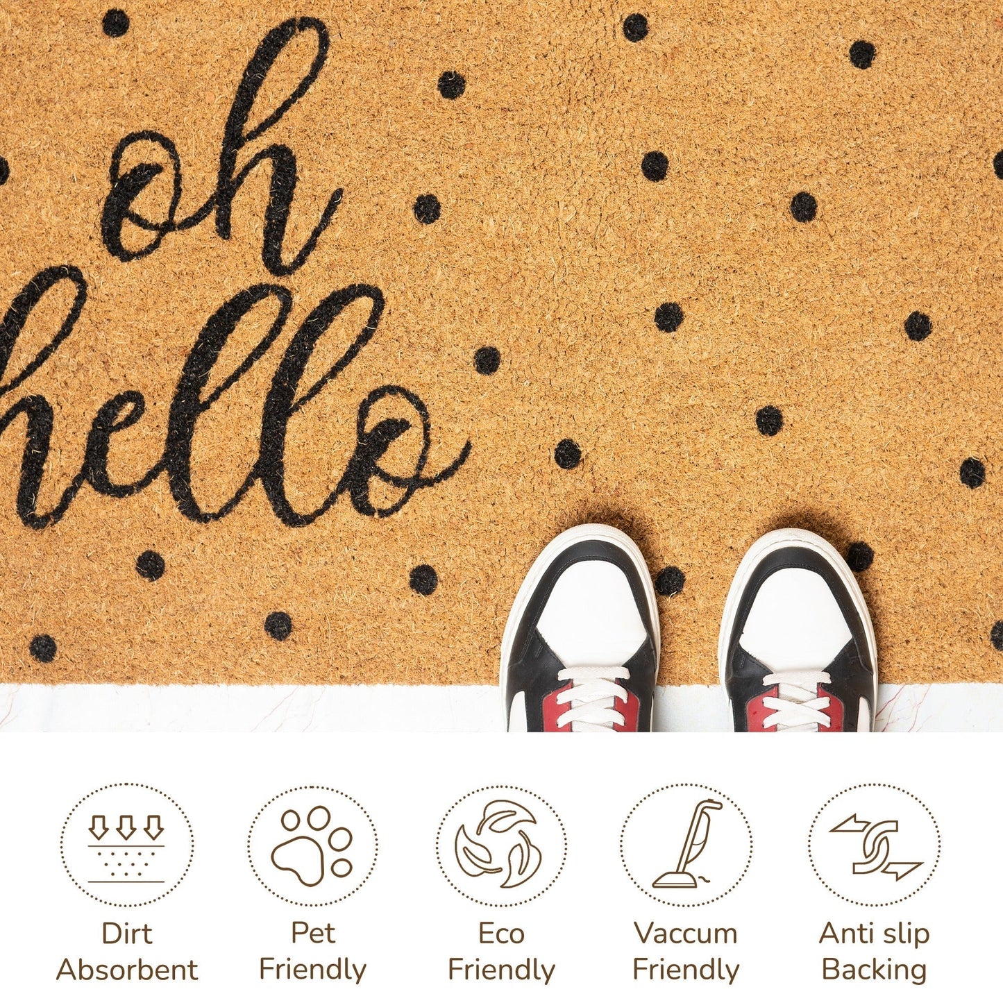 Coir Mats Oh Hello with Dots Text - 22X47" Beige - India Wholesale Co.