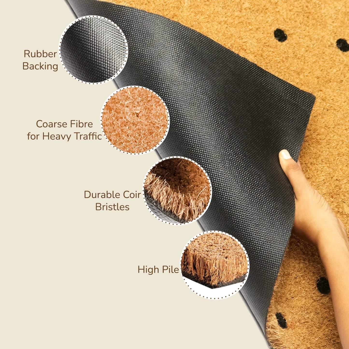 Coir Mats Oh Hello with Dots Text - 22X47" Beige - India Wholesale Co.
