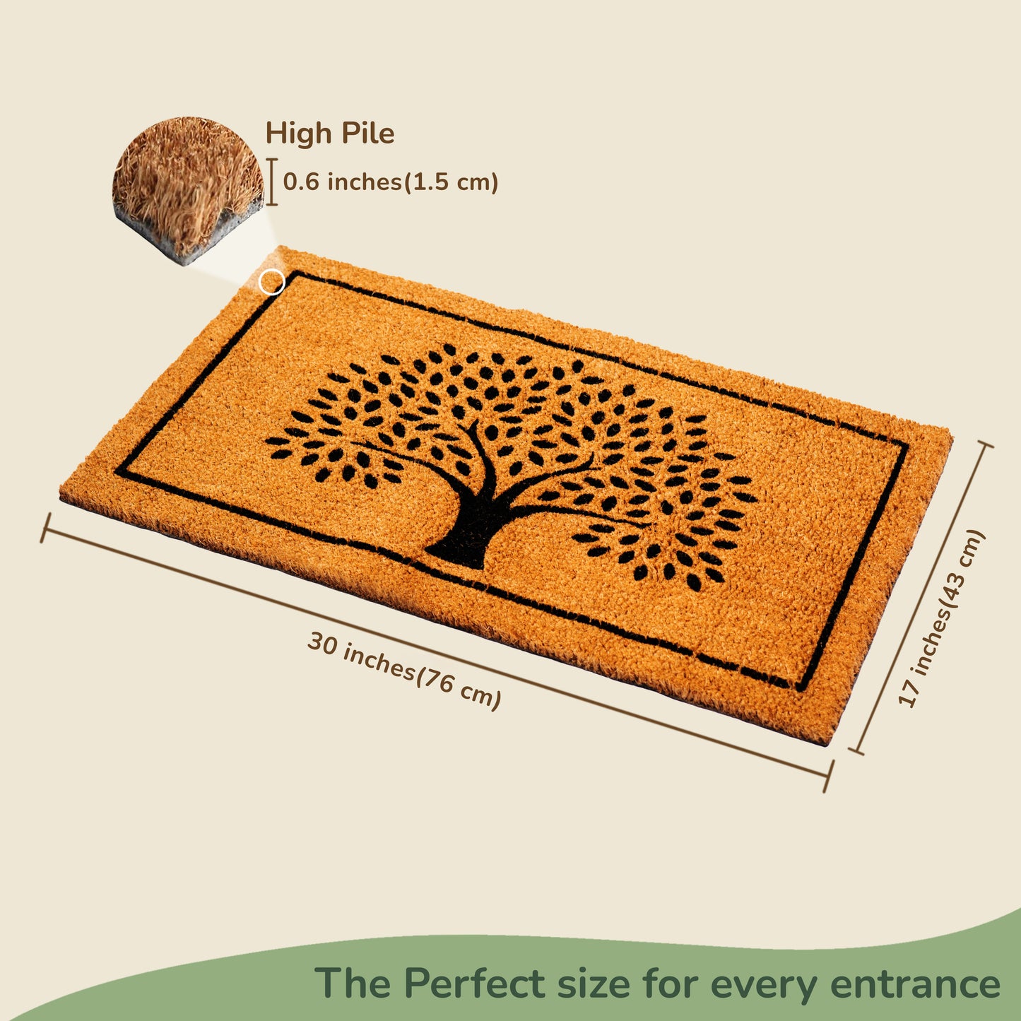 Coir Mats Tree Print with Border-17X30" - Beige/Black - India Wholesale Co.