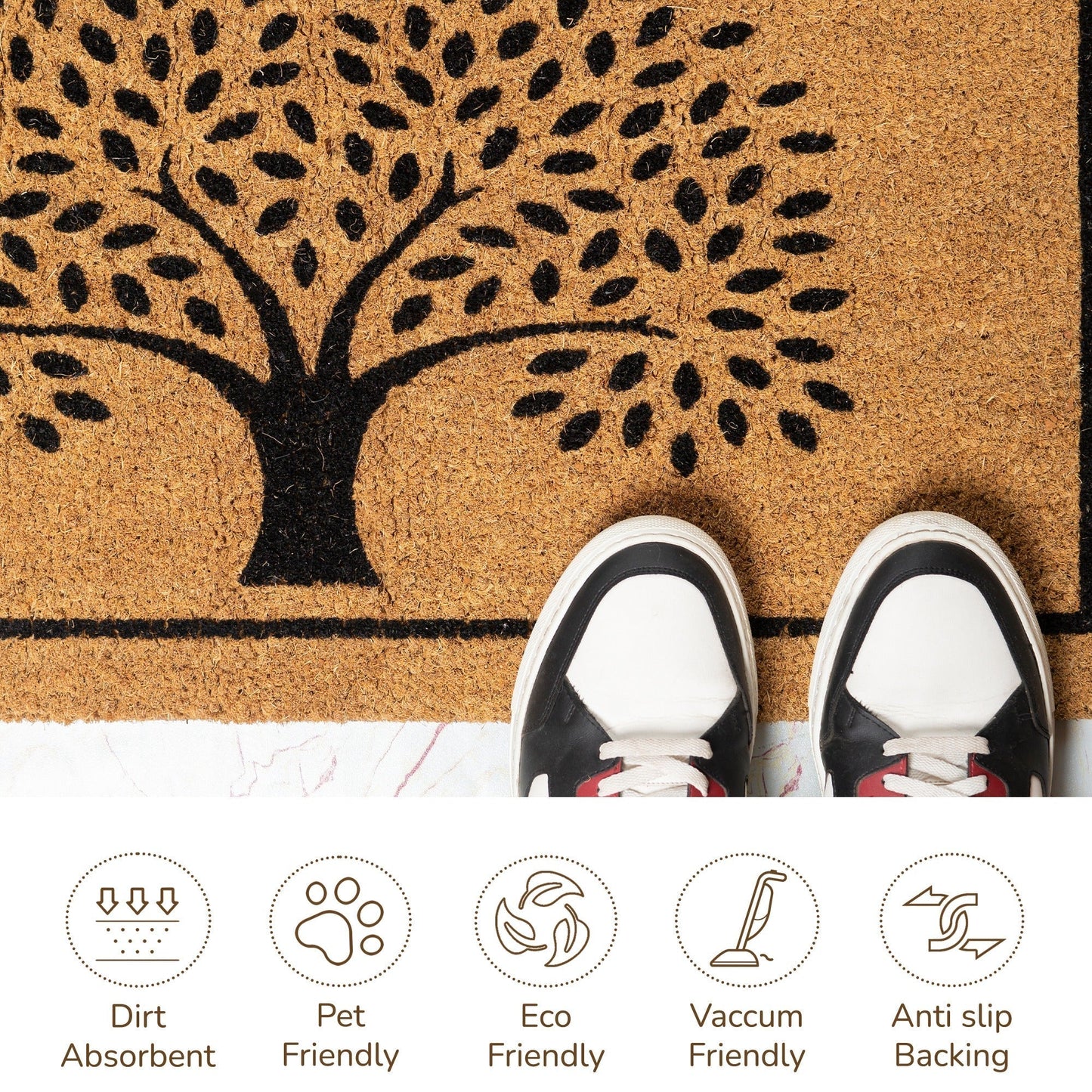 Coir Mats Tree Print with Border-17X30" - Beige/Black - India Wholesale Co.