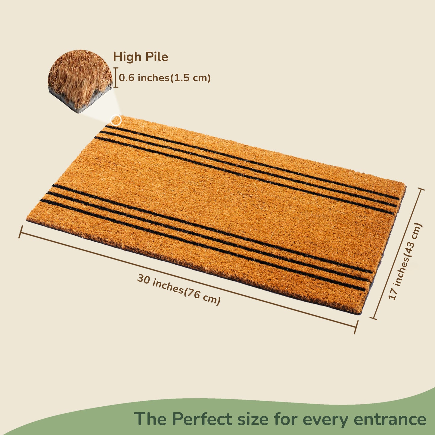 Coir Mats Basic Plain with stripes- 17X30" Beige - India Wholesale Co.