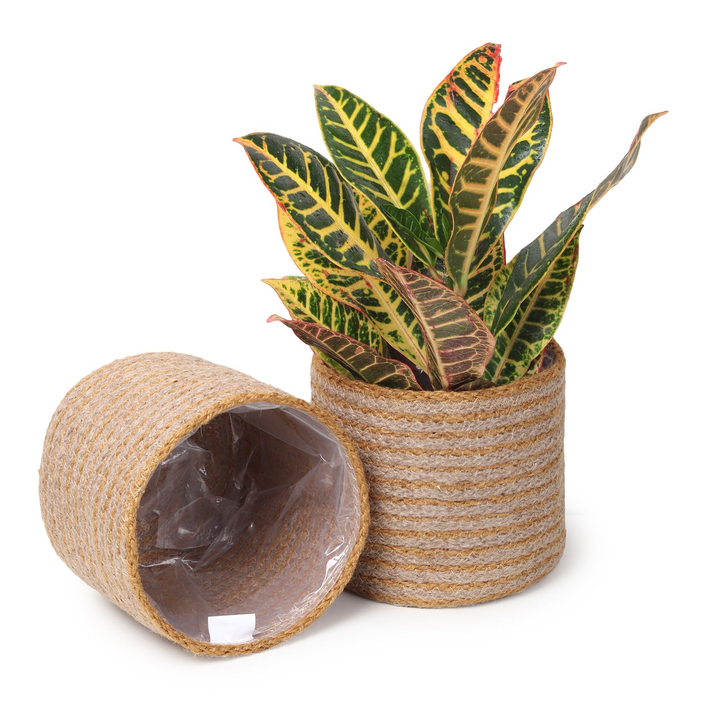 Jute Planters with Poly-Lining Set of 2 Orange/Natural Jute 6.5x6.5x6" - India Wholesale Co.