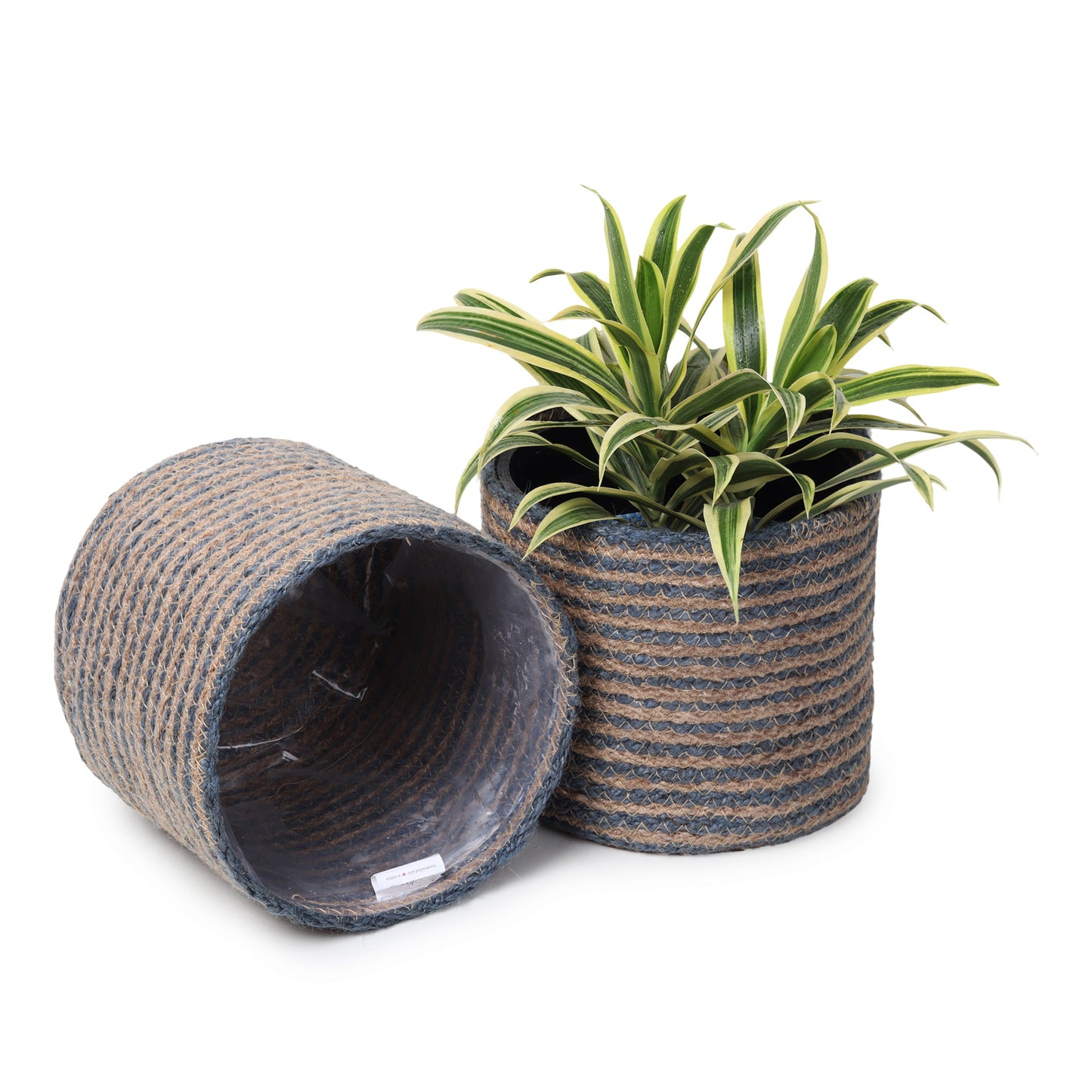 Jute Planters with Poly-Lining Set of 2 Teal Blue/Natural Jute 6.5x6.5x6" - India Wholesale Co.