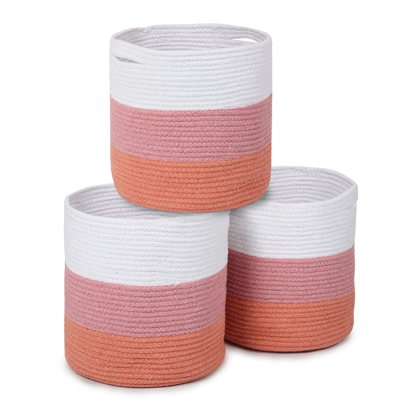 Cotton Basket Set of 3 Pink and White 11x11x11" - India Wholesale Co.