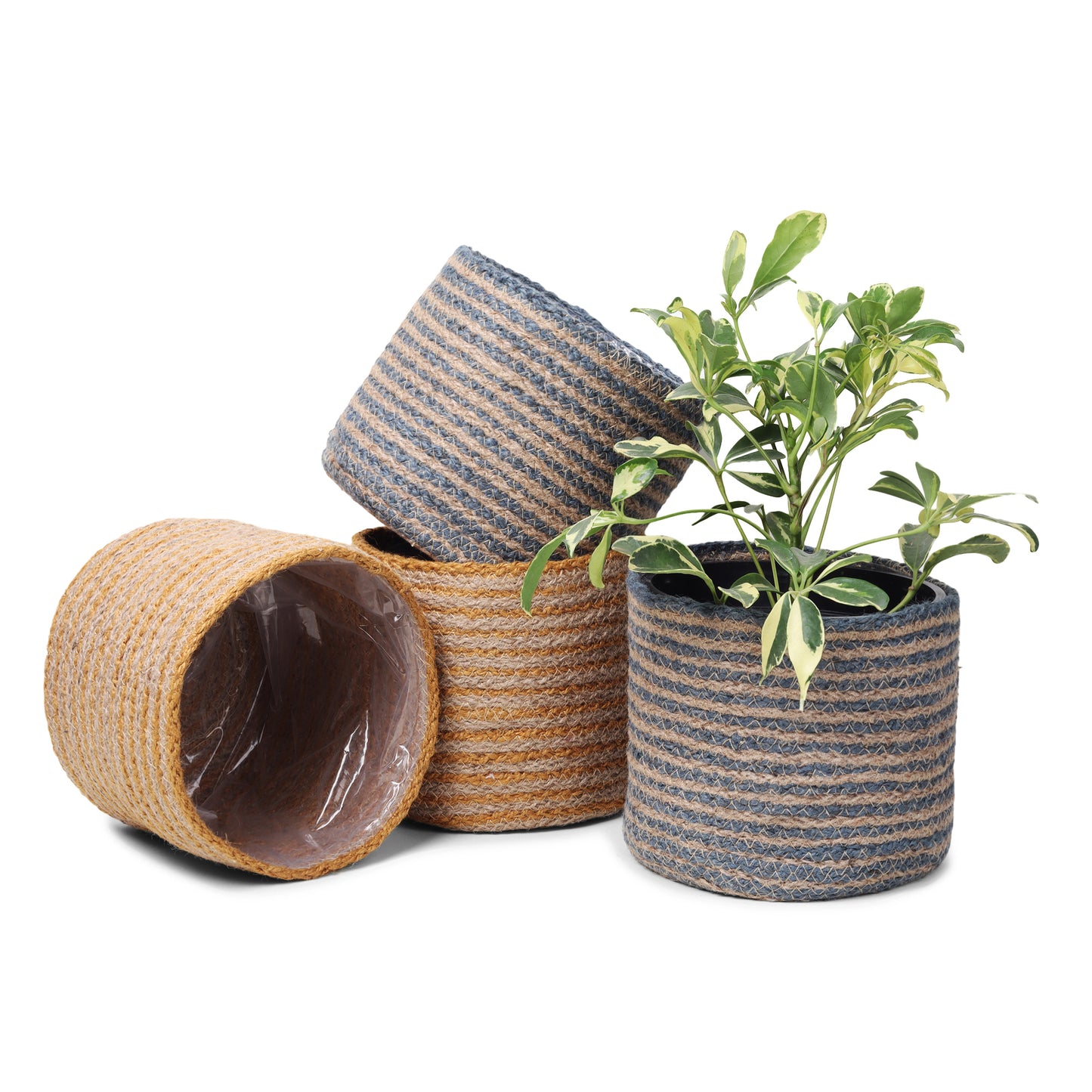 Jute Planters with Poly-Lining Set of 4 Orange/Natural Jute & Teal Blue/Natural Jute X2 6.5x6.5x6" - India Wholesale Co.