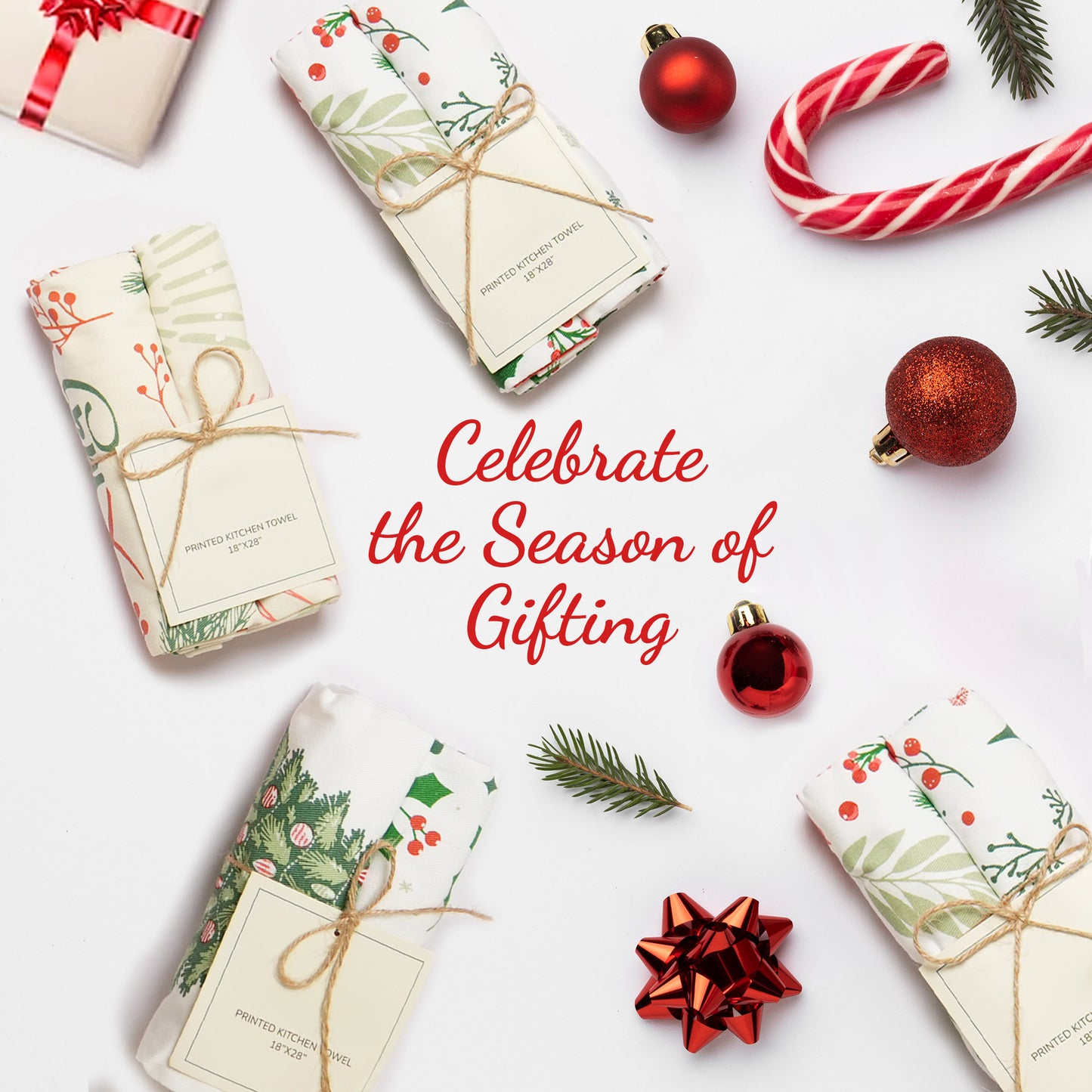 Set of 2 Xmas tree Printed Kitchen Towel 18" x28", 100% Fresh cotton, Olive Green & Red - India Wholesale Co.