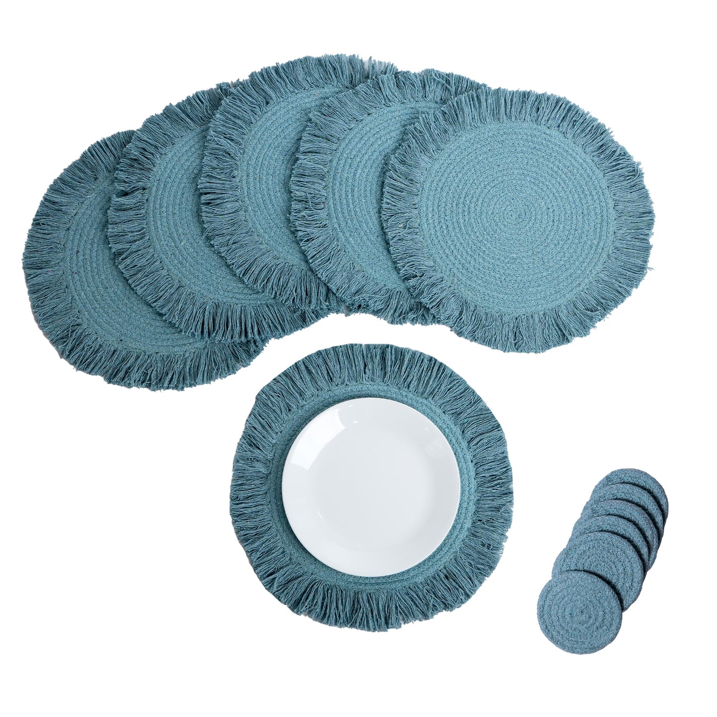 Blue Braided Solid Placemat with fringes set of 6 (13" + with 2" fringes) +6 Coasters (4")- Recycle Cotton - India Wholesale Co.