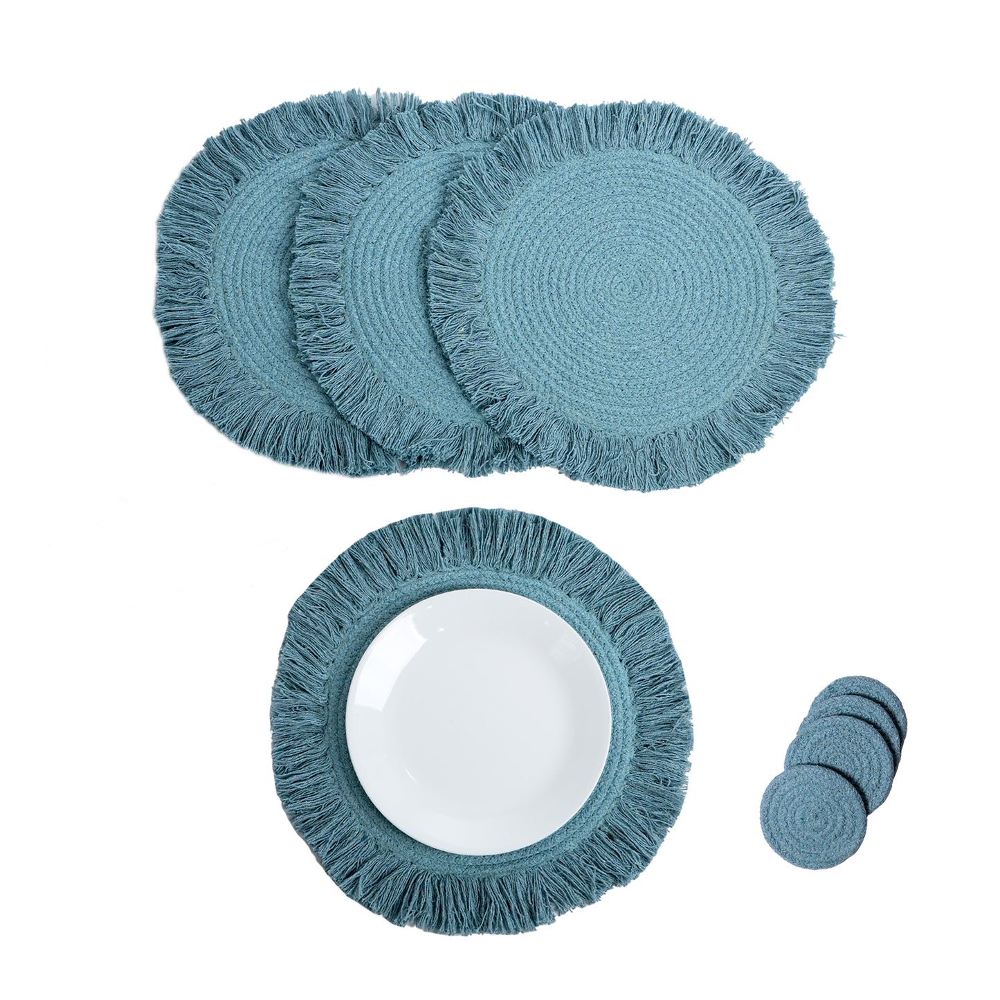 Blue Braided Solid Placemat with fringes set of 4 (13" + with 2" fringes) +4 Coasters (4")- Recycle Cotton - India Wholesale Co.